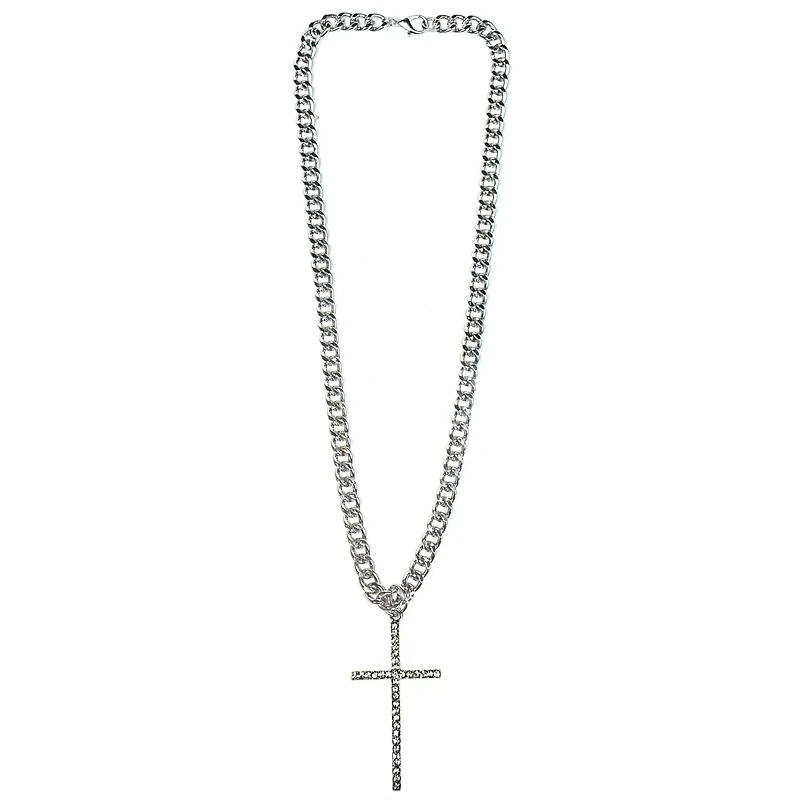 CZ Silvertone Cross Pendant Chain Necklace