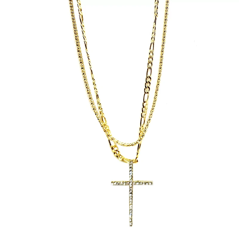 CZ Goldtone Double Chain Cross Necklace
