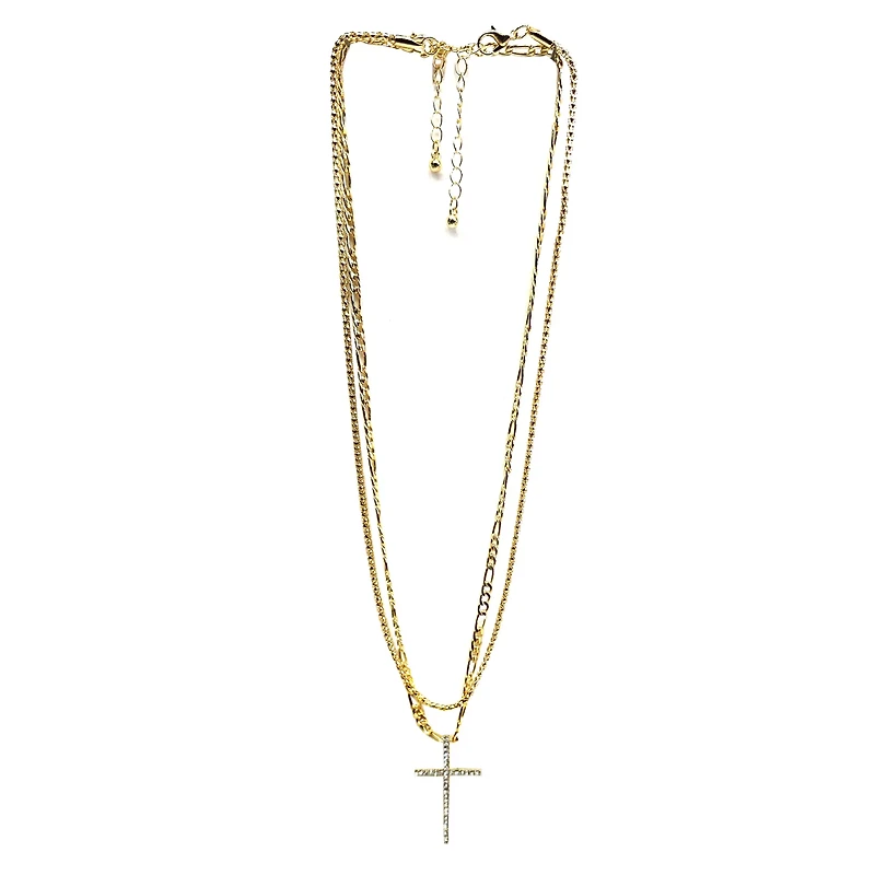 CZ Goldtone Double Chain Cross Necklace