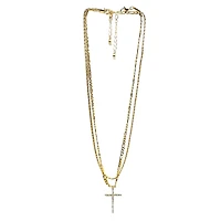 CZ Goldtone Double Chain Cross Necklace