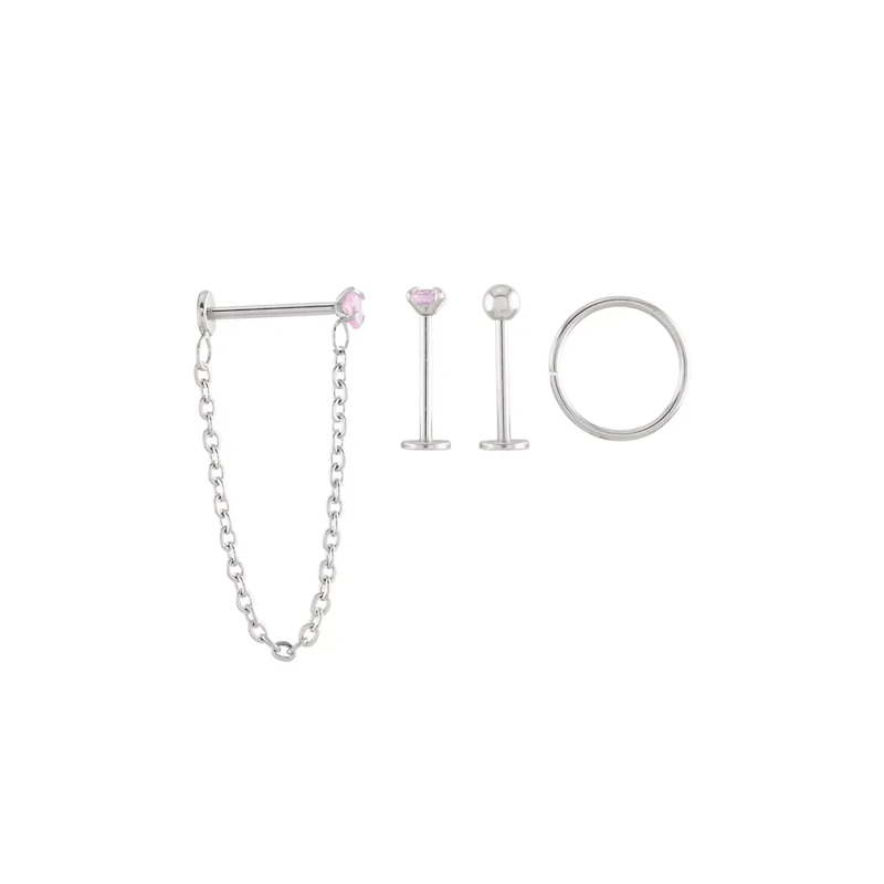 Multi-Pack Pink CZ Heart Labret Rings and Hoop 4 Pack - 18 Gauge