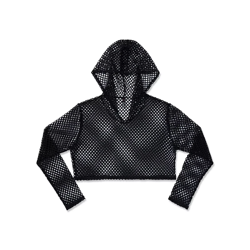 Hooded Fishnet Long Sleeve Crop Top
