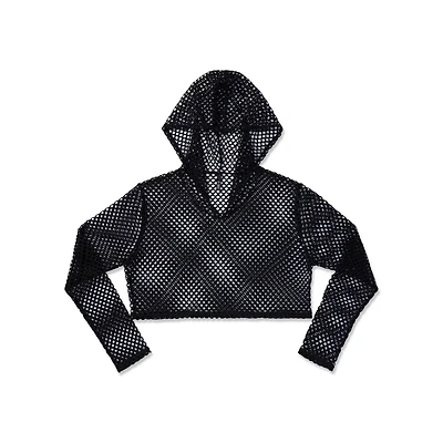 Hooded Fishnet Long Sleeve Crop Top
