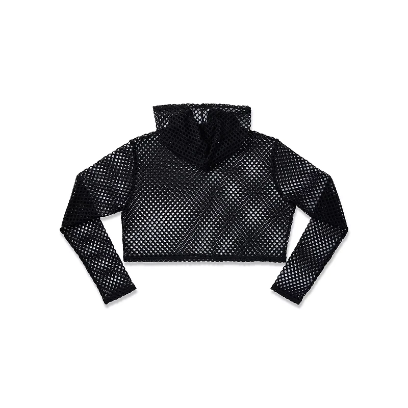 Hooded Fishnet Long Sleeve Crop Top