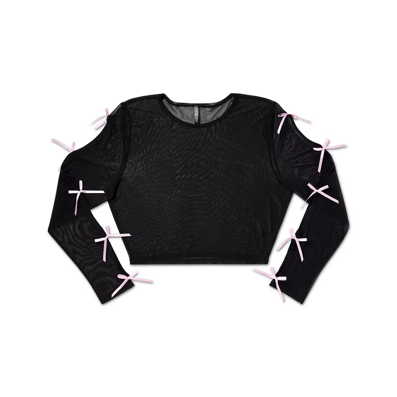 Black and Pink Bow Mesh Crop Top