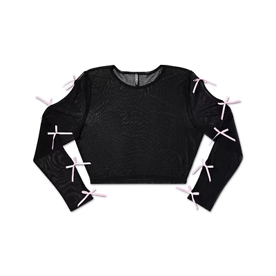 Black and Pink Bow Mesh Crop Top
