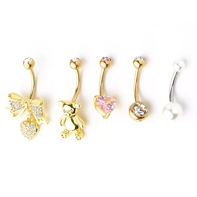 Multi-Pack Goldtone Bow Bear Belly Rings 5 Pack - 14 Gauge
