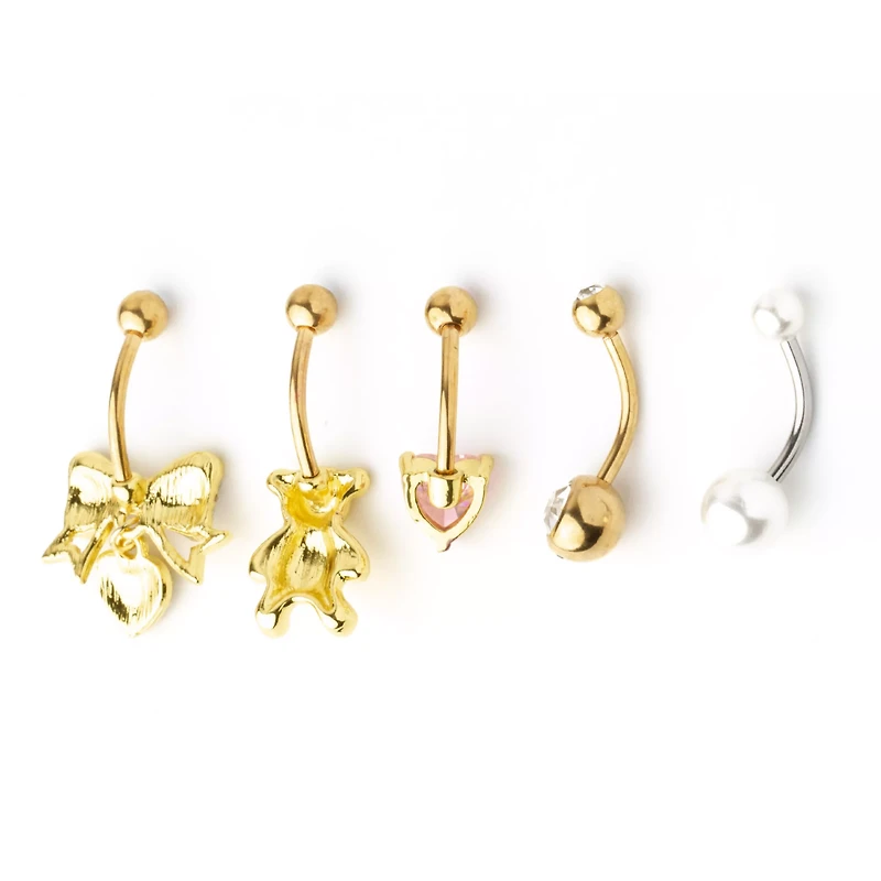 Multi-Pack Goldtone Bow Bear Belly Rings 5 Pack - 14 Gauge