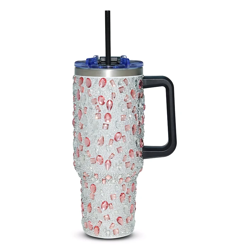 Pink and Silver Bedazzled Travel Tumbler with Straw - 40 oz.