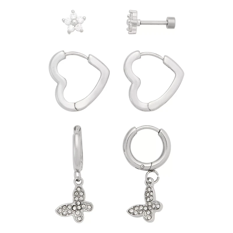 Multi-Pack CZ Stud Heart Hoop and Dangle Earrings 3 Pair - 18 Gauge