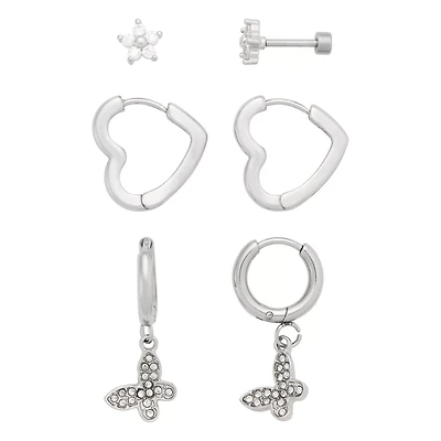 Multi-Pack CZ Stud Heart Hoop and Dangle Earrings 3 Pair - 18 Gauge