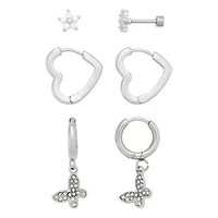 Multi-Pack CZ Stud Heart Hoop and Dangle Earrings 3 Pair - 18 Gauge