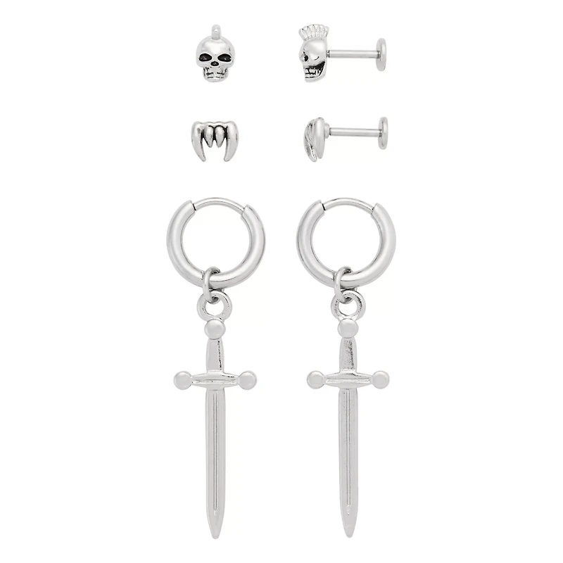 Multi-Pack Skull Stud Earrings and Dagger Dangle Earrings 3 Pair - 18 Gauge