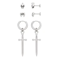 Multi-Pack Skull Stud Earrings and Dagger Dangle Earrings 3 Pair - 18 Gauge
