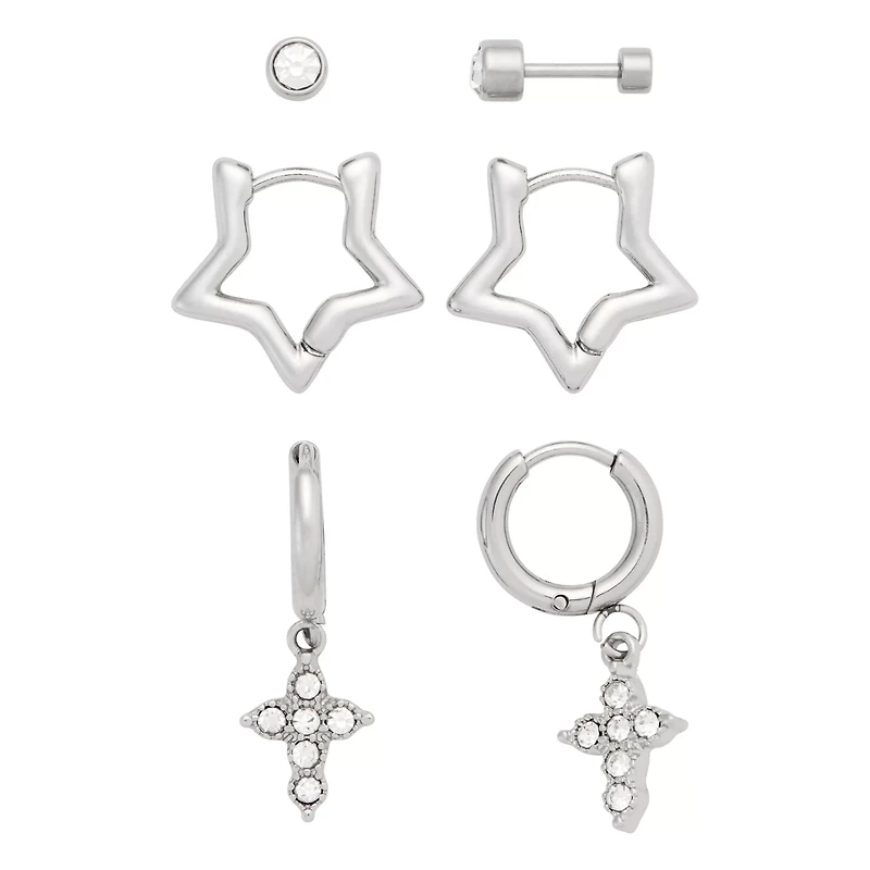 Multi-Pack Stud and Star Hoop Earrings 3 Pair - 18 Gauge