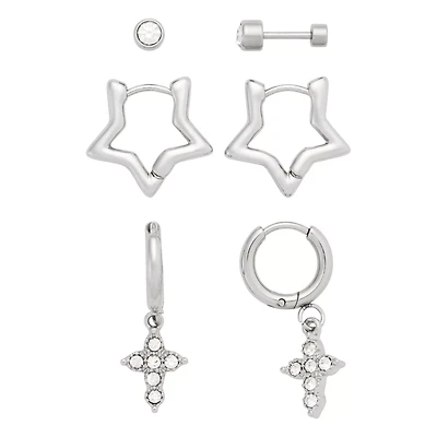 Multi-Pack Stud and Star Hoop Earrings 3 Pair - 18 Gauge