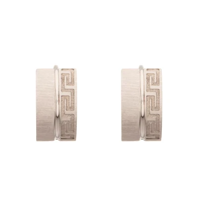 Silver Greek Meander Half Pattern Huggie Hoops - 18 Gauge