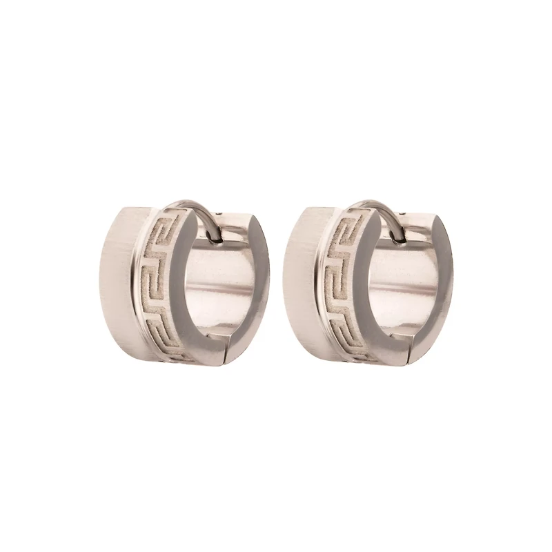 Silver Greek Meander Half Pattern Huggie Hoops - 18 Gauge
