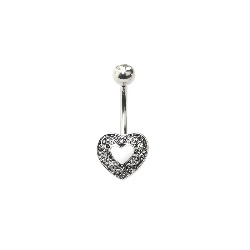 Silvertone Heart Swirl Belly Ring - 14 Gauge