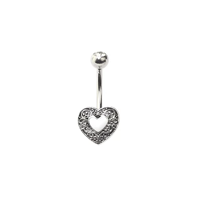 Silvertone Heart Swirl Belly Ring - 14 Gauge