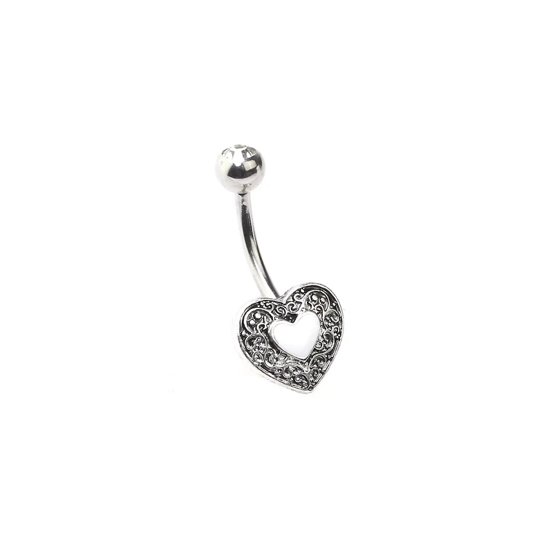 Silvertone Heart Swirl Belly Ring - 14 Gauge