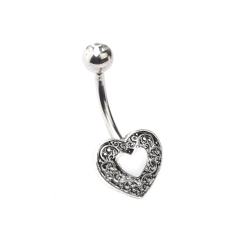 Silvertone Heart Swirl Belly Ring - 14 Gauge