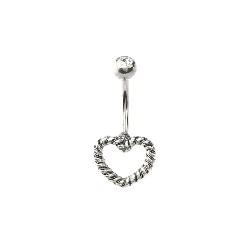 Silvertone Rope Heart Belly Ring - 14 Gauge