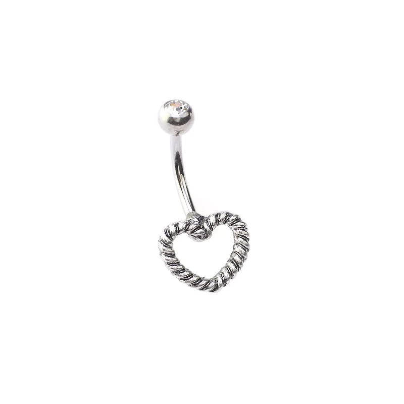 Silvertone Rope Heart Belly Ring - 14 Gauge