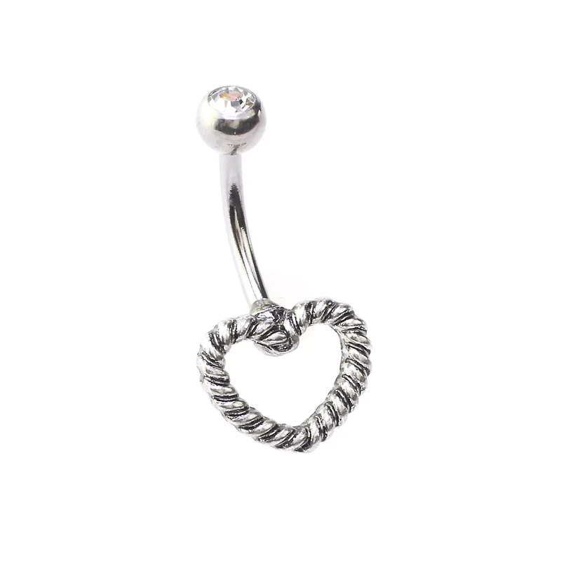 Silvertone Rope Heart Belly Ring - 14 Gauge