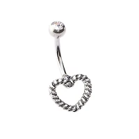 Silvertone Rope Heart Belly Ring - 14 Gauge