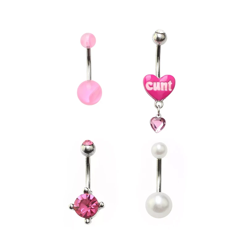 Multi-Pack Cunt Heart Belly Rings 4 Pack - 14 Gauge