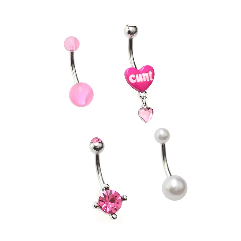 Multi-Pack Cunt Heart Belly Rings 4 Pack - 14 Gauge