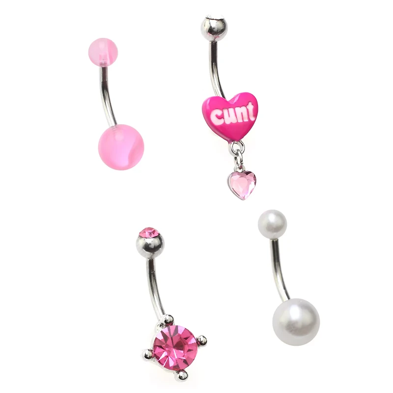 Multi-Pack Cunt Heart Belly Rings 4 Pack - 14 Gauge