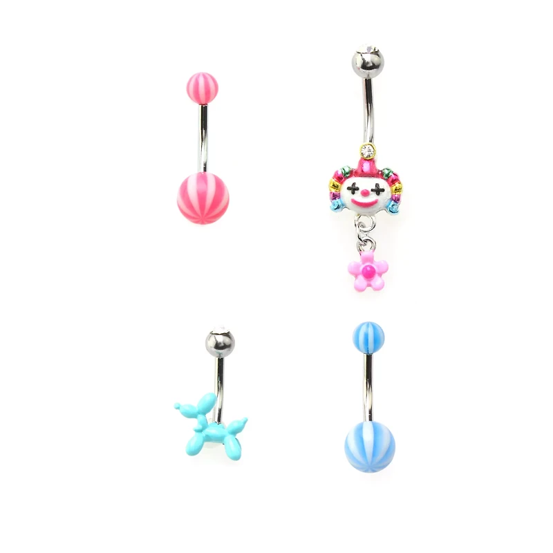 Multi-Pack CZ Circus Belly Rings 4 Pack - 14 Gauge