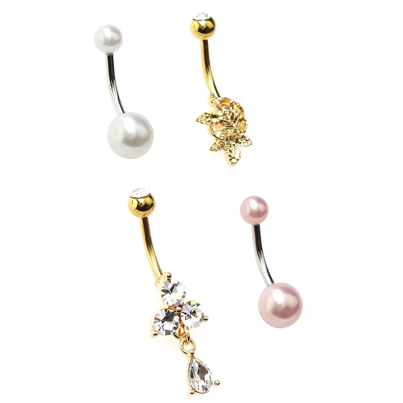 Multi-Pack CZ Goldtone Pearl-Effect Rose Belly Rings 4 Pack - 14 Gauge