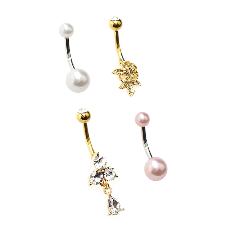 Multi-Pack CZ Goldtone Pearl-Effect Rose Belly Rings 4 Pack - 14 Gauge