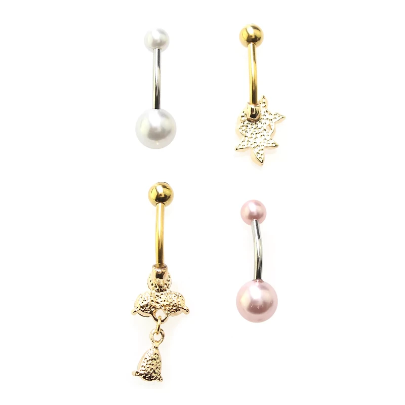 Multi-Pack CZ Goldtone Pearl-Effect Rose Belly Rings 4 Pack - 14 Gauge