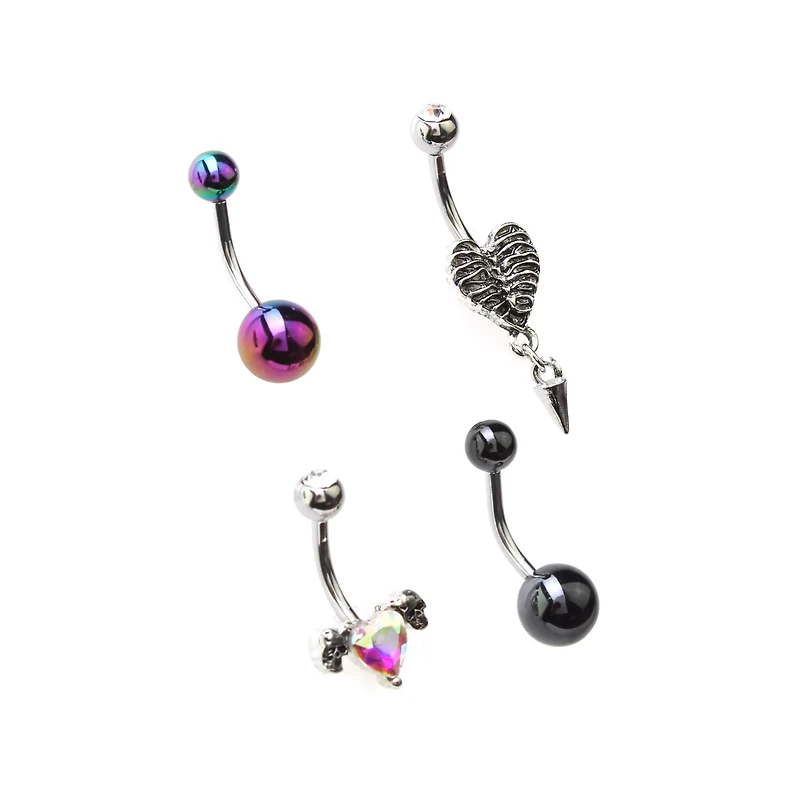 Multi-Pack Heart Skeleton Ribs Belly Rings 4 Pack - 14 Gauge