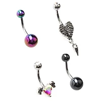 Multi-Pack Heart Skeleton Ribs Belly Rings 4 Pack - 14 Gauge