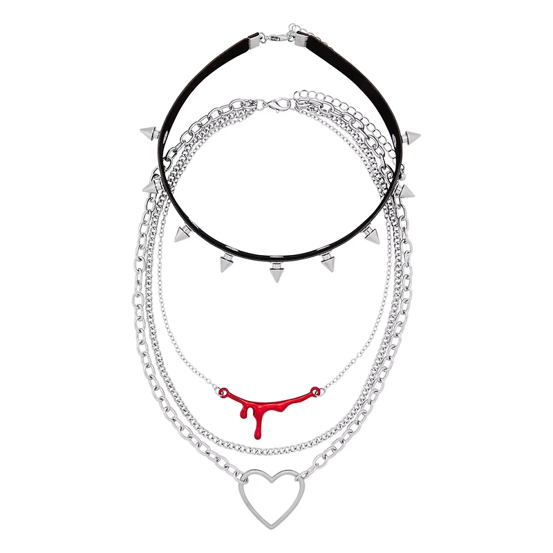 Multi-Pack Spiked Bloody Heart Choker Necklaces - 4 Pack