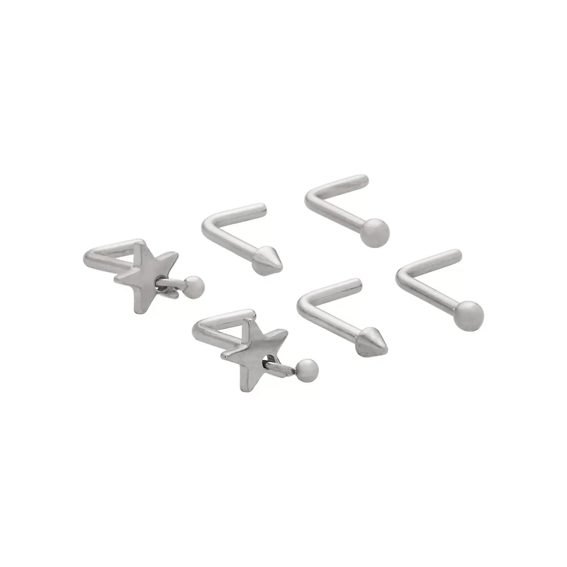 Multi-Pack Star Silvertone L-Bend Nose Rings 6 Pack - 18 Gauge