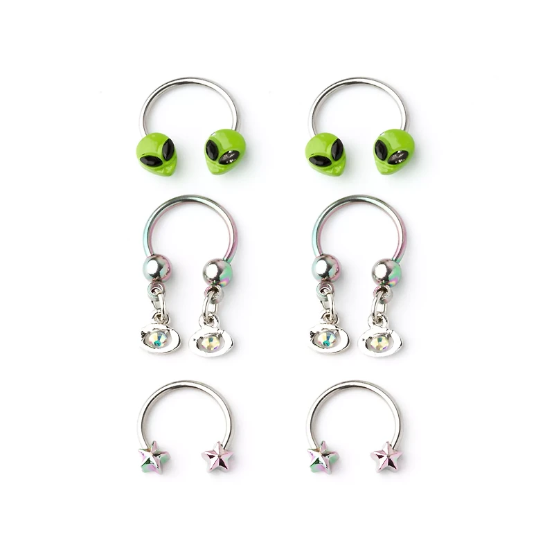 Multi-Pack Alien Horseshoe Rings 3 Pair - 16 Gauge