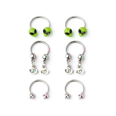Multi-Pack Alien Horseshoe Rings 3 Pair - 16 Gauge