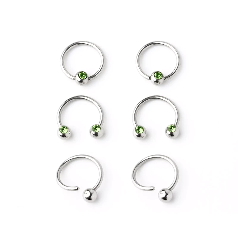 Multi-Pack Green CZ Horseshoe and Captive Rings 3 Pair - 16 Gauge