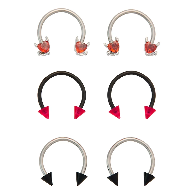 Multi-Pack CZ Red Devil Horseshoe Rings 16 Gauge - 3 Pair