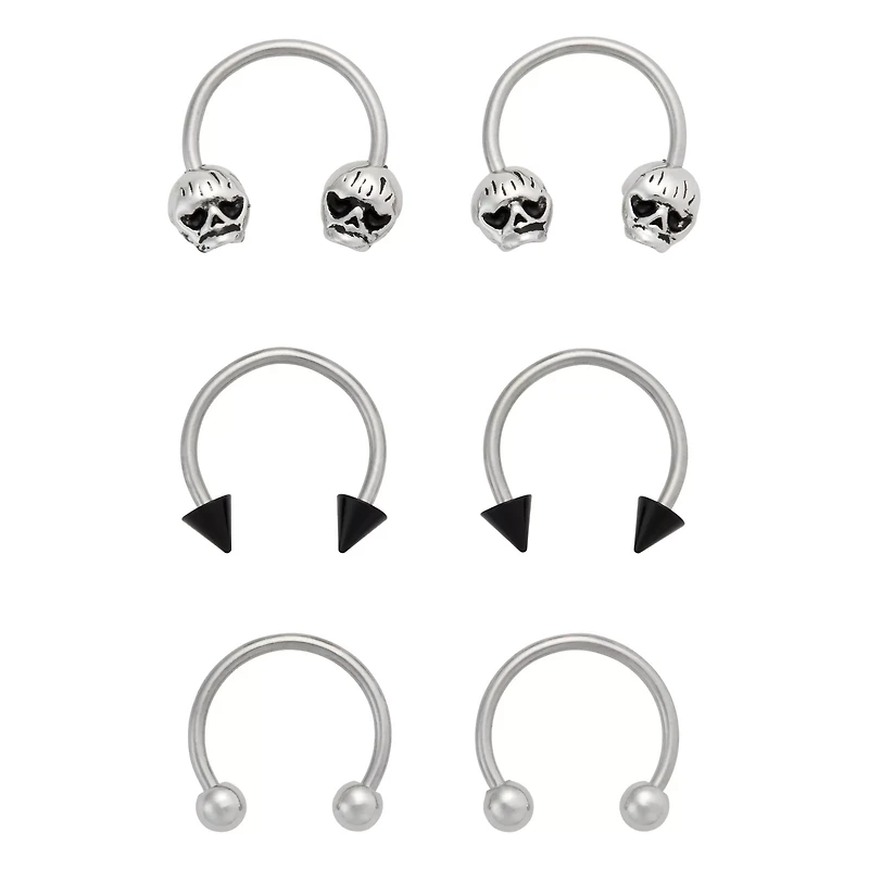 Multi-Pack Silvertone and Black Skull Horseshoe Rings 18 Gauge - 3 Pair