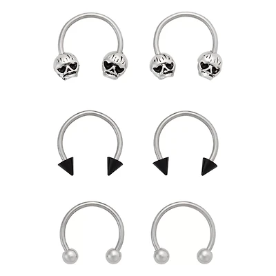 Multi-Pack Silvertone and Black Skull Horseshoe Rings 18 Gauge - 3 Pair