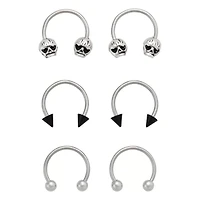Multi-Pack Silvertone and Black Skull Horseshoe Rings 18 Gauge - 3 Pair