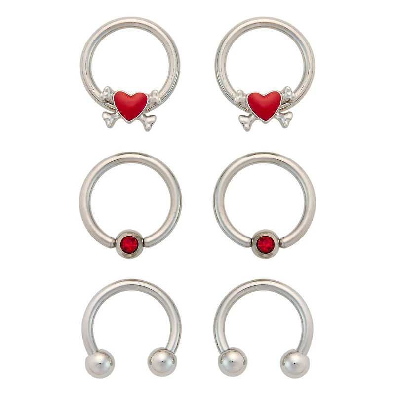 Multi-Pack CZ Skull Heart Silvertone Horseshoe and Captive Rings 16=4 Gauge - 3 Pair