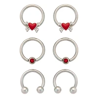 Multi-Pack CZ Skull Heart Silvertone Horseshoe and Captive Rings 16=4 Gauge - 3 Pair